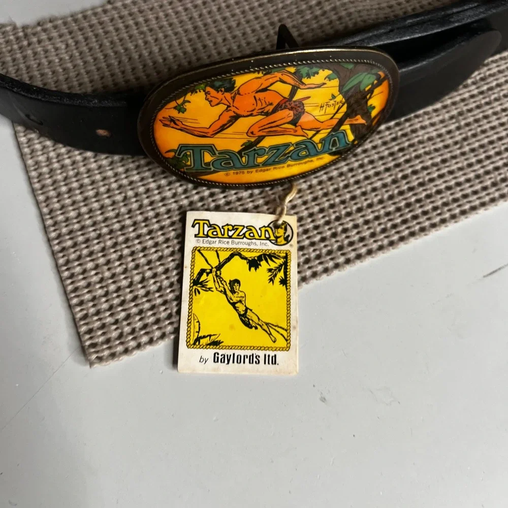 Vintage 1975 Tarzan Belt Buckle Gaylords Ltd Bullhide Leather Belt Black USA